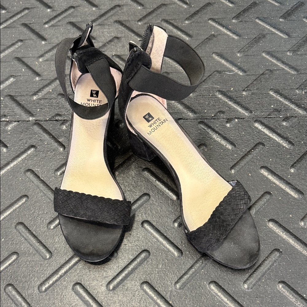White Mountain Black Woven Ankle-Strap Block Heels